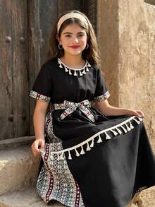 Tween Girls' Vacation Casual Geometric Print Patchwork Fringe Decor Dress - Black - View 3