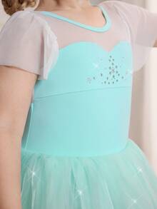 Robe de tutu de ballet pour jeunes filles, tissu vert clair à haute élasticité pour le printemps/été, manches volantées pour un look léger, jupe en tulle avec un éclat nacré, élégante et fraîche pour le port quotidien, les représentations de ballet et les pratiques - Vert menthe - Voir 4