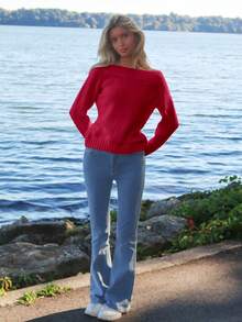 Sydney Algeri 女式不对称肩部不对称颈部两用纯色长袖毛衣，秋冬针织套头衫秋季 - 紅色 - 查看 4