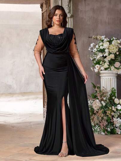 Aureia Đầm dạ hội cỡ lớn sang trọng, thanh lịch màu đen đính sequin, chất liệu satin co giãn, cổ khoét sâu, tay lửng 3/4, xếp ly, dáng đuôi cá, có lớp phủ ngoài, phù hợp cho mọi dịp trang trọng, mùa cưới, lễ hội âm nhạc, dạ tiệc (thiết kế đính kết cầu kỳ).