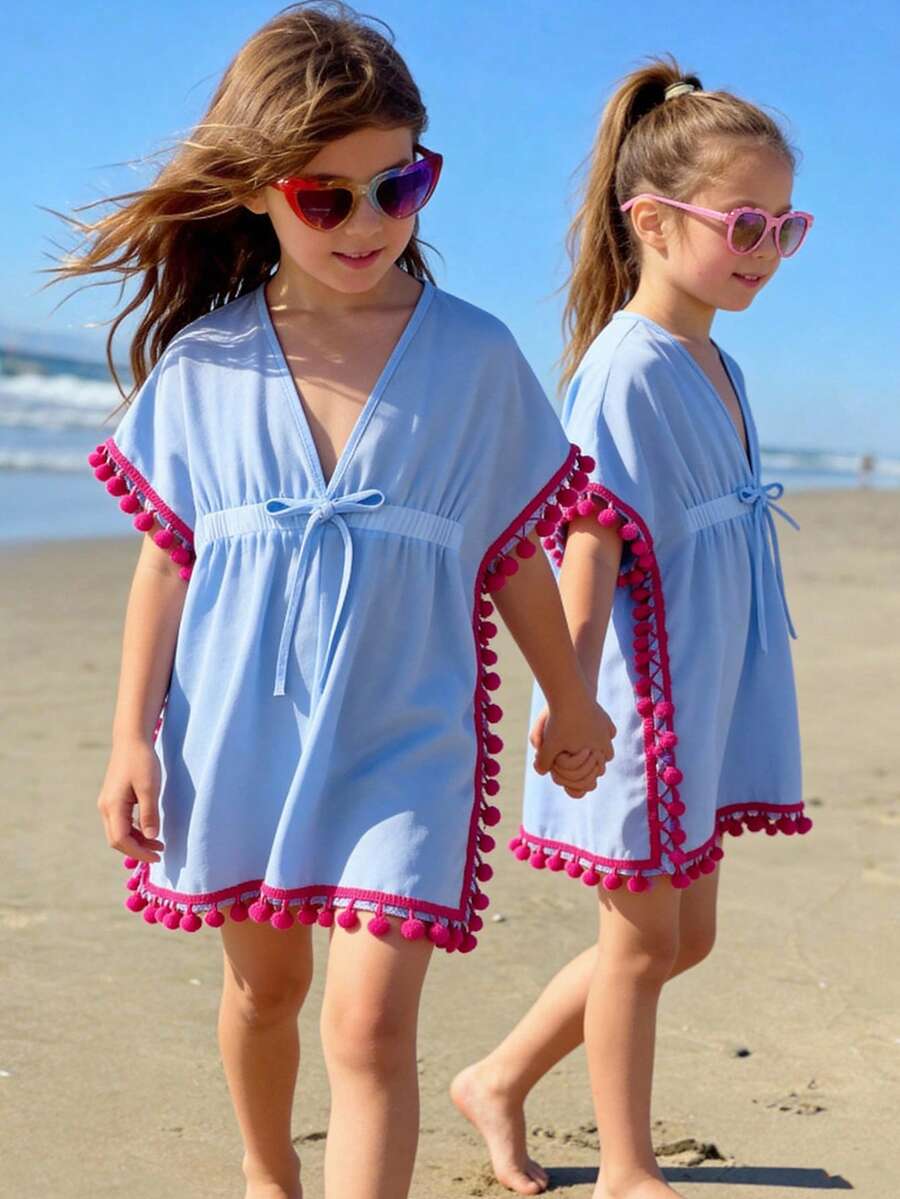 Emery Rose Kids Emery Rose Kids Copri-abito casual ampio per ragazze con frange e colori a contrasto intrecciati - Blu - Visualizzare 1
