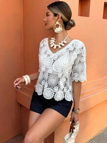 Selianne Women's Casual Crochet Hollow V-Neck Short Sleeve Top, Spring/Summer - White - View 5