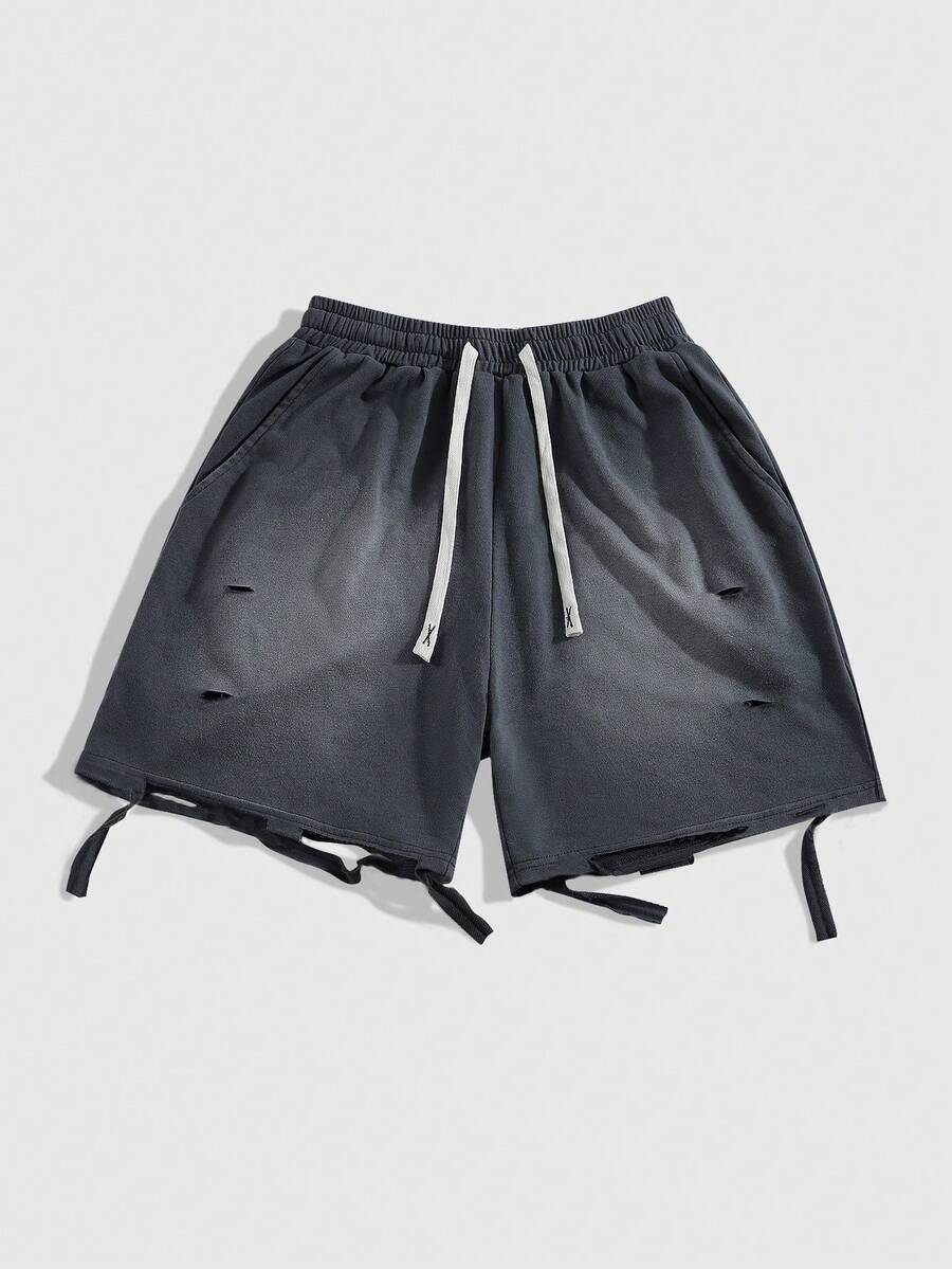 ROMWE MEN Casual 男士复古做旧泼墨印花马匹图案运动短裤,适合春夏日常穿着 - 灰色 - 查看 1