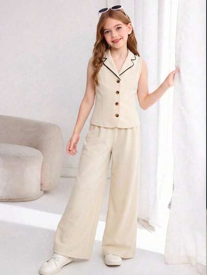 SHEIN 2pcs Tween Girl Woven Contrast Color Collar Vest And Pants Set Formal Jumpsuit For Girls Tween Girl Pant Suit Girls Pant Suit Wide Leg Pants And Top For Kids Tween Girl Dress Pant Suit Teen Girl Two Piece Set 15 Years Old Girls Pants Suit