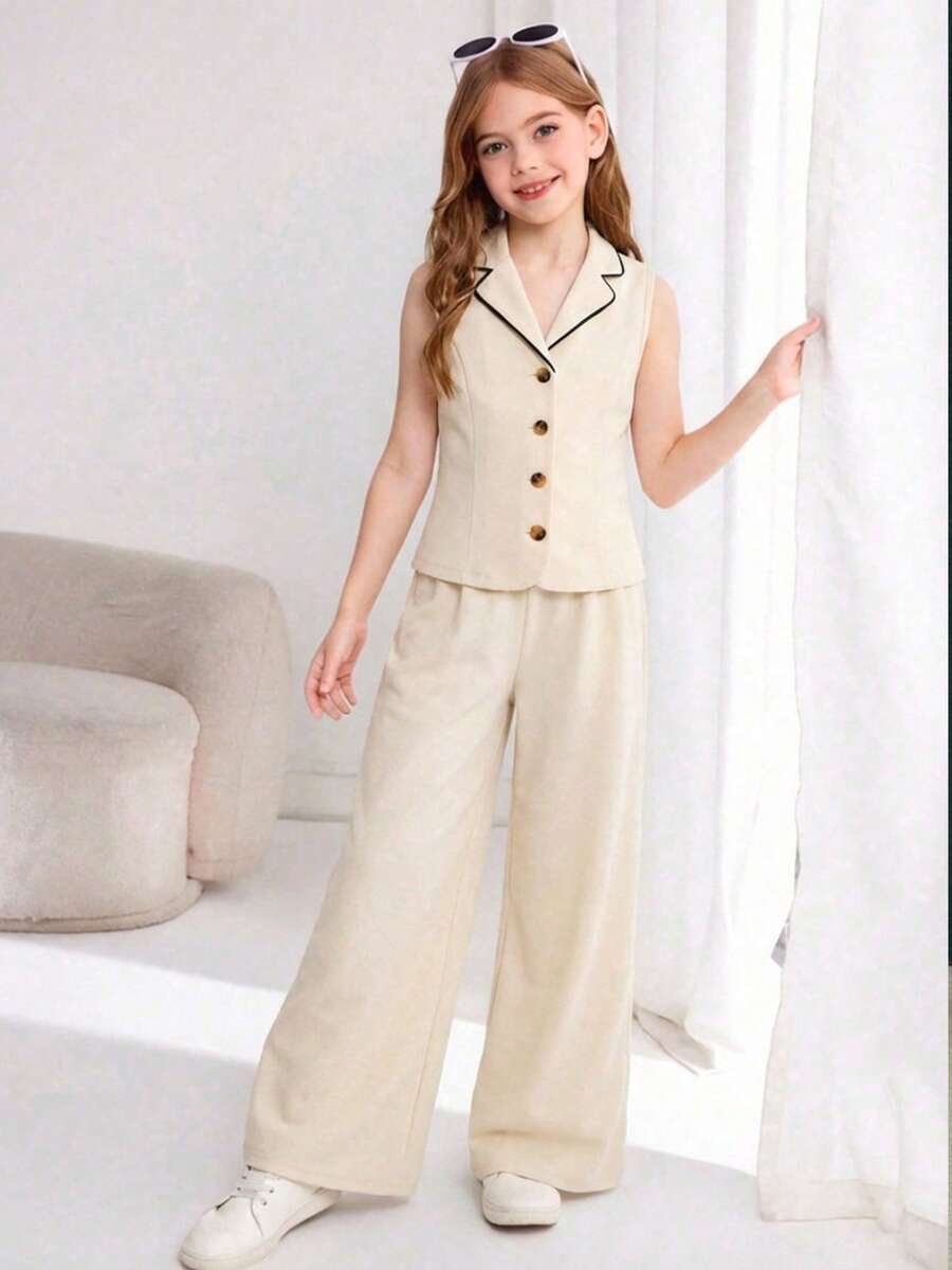 SHEIN 2 pièces Ensemble gilet et pantalon pour préadolescentes en tissu tressé de couleurs contrastées - Nude - Voir 1