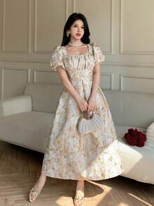 Celisse 方领收腰优雅连衣裙，采用3D压纹面料，A字中长款女式连衣裙 - 彩色 - 查看 6