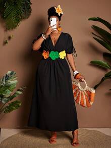 Maweii Simple Solid Color V-Neck Cute Short Sleeve Princess Style Dress - Black - View 6