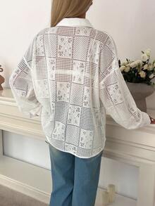 DAZY 女士宽松翻领镂空衬衫 - 白色 - 查看 5