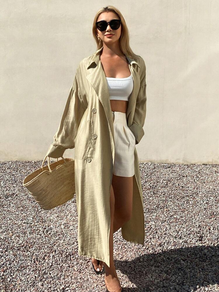 Solid Color Loose Turndown Collar Long Sleeve Long Lightweight Summer Casual Trench Coat For Women