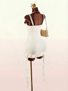 Amplova Women's Seashell Bra Two Pieces Sexy Avant-Garde Plunging Neckline Dress With Seashell Beaded Bra And Ruffled Hem - Apricot - View 7