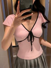 DAZY 女士夏季撞色系带腰短袖修身休闲套头T恤 - 粉色 - 查看 1