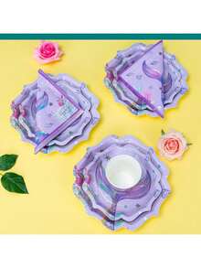 Purple Large Fish Tail Petal-Shaped Ocean-Themed Disposable Plates, Napkins, And Cups, Disposable Paper Plate Set (100pcs), Many Choices, Very Suitable For Birthday Parties, Family Picnics, Weddings And Other Gatherings. - Multicolor - View 5