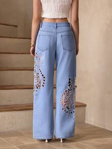 Selenza 女士花卉镂空刺绣高腰口袋阔腿宽松牛仔裤 - 藍色 - 查看 2