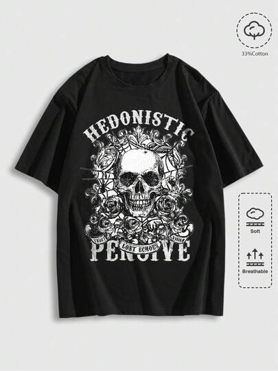 ROMWE MEN Academia قميص تي شيرت رجالي كاجوال بطبعات جمجمة وزهور وحروف بقصة فضفاضة وياقة منسدلة، مناسب للصيف