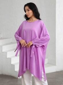 Graceveil Solid Color Round Neck Bowknot Cuff Asymmetric Hem Loose Casual Soft T-Shirt For Women - Purple - View 6