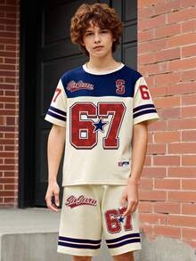Spring And Summer 5-Piece Set: Casual Stylish Tee With Creative 67 Star Graphic, Striped Pattern, And Slogan Print, Paired With Comfortable Shorts. Suitable For Boys Everyday Wear In Spring And Summer - Multicolor - View 7