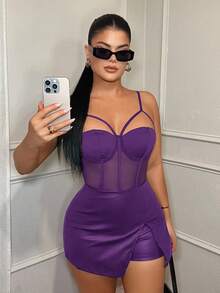 SHEIN SXY 女士性感春夏吊带网纱拼接罩杯装饰吊带衫 - 紫色 - 查看 4