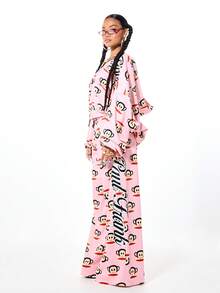 SUMWON X PAUL FRANK SUMWON WOMEN 女士宽松阔腿运动裤，通体猴子印花图案，抽绳腰带，休闲运动裤 - 粉色 - 查看 5