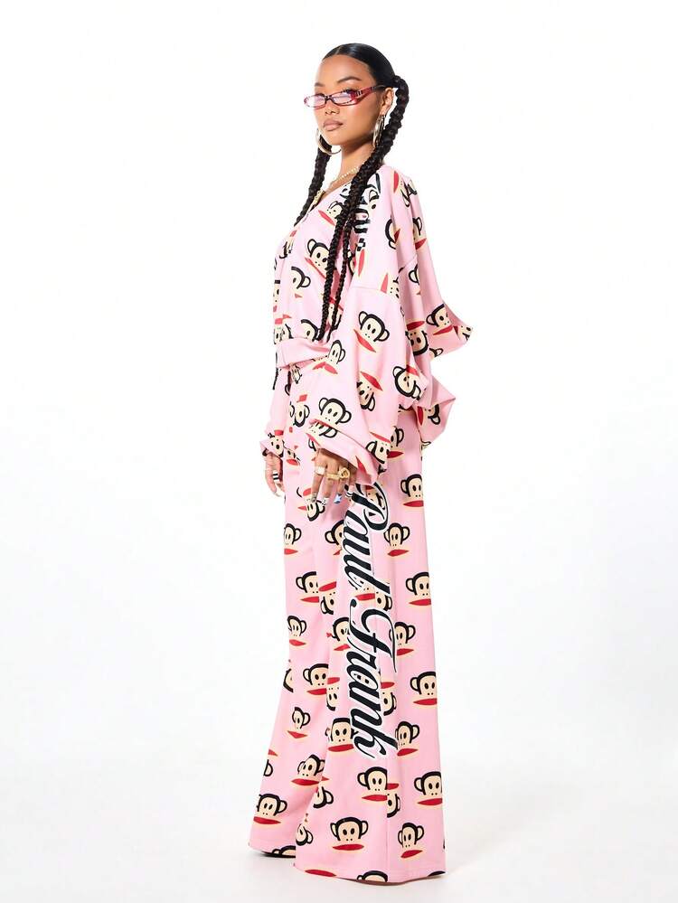 SUMWON Women's Oversized Wide Leg Joggers With All Over Monkey Print Pattern Drawstring Waist Casual Sweatpants