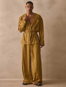 Musero Relaxed Fit Long Sleeve Front Patch Pocket Detailing Dropped Shoulder Satin Style Stripe Pattern Fabric Tie Waist Belt Spring Summer Essentials - Olive Green - View 5