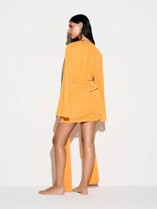 KIZN Sparkle Cowl Neck Draped Mustard Mini Dress With Long Sleeves For Evening Party Occasions - Orange - View 2