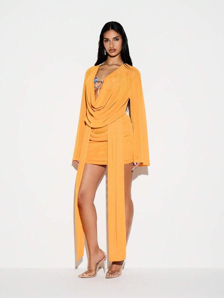 KIZN Cowl Neck Sparkle Mini Dress With Draping