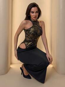 SHEIN Allurite Women's Sleeveless Dress With Foil Print Patchwork Design, Fitted Silhouette - Multicolor - View 2