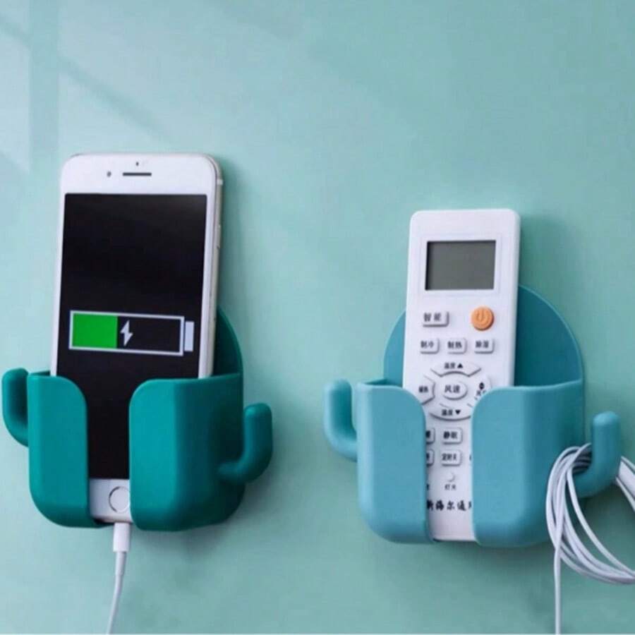 1个壁挂式手机收纳盒，多功能免打孔仙人掌造型电视空调粘性充电支架 - 深藍色 - 查看 1