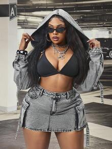 Slaydiva Sexy Vintage Washed Denim Long Sleeve Jacket - Grey - View 6