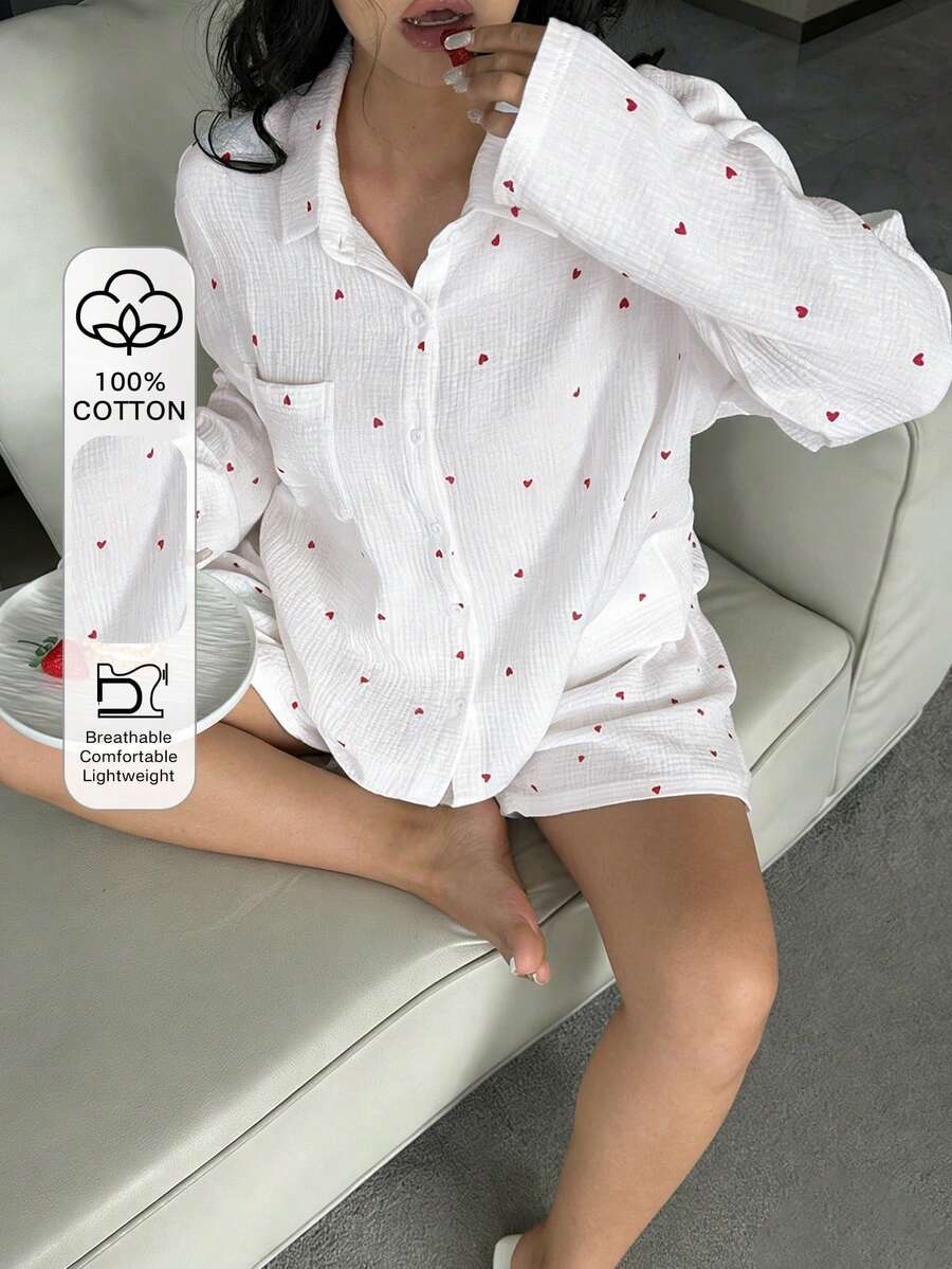 Dazy Plus 爱心印花宽松长袖上衣和短裤睡衣套装，大码女式春秋季睡衣 - 白色 - 查看 1