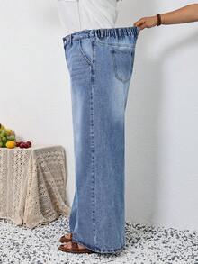 SHEIN Tall CURVE 春夏女式大码复古度假沙滩休闲水洗低腰阔腿牛仔裤 - 藍色 - 查看 3
