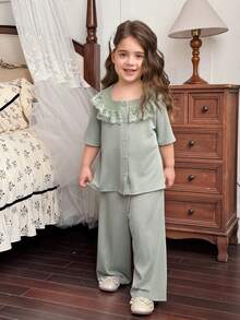 Dazy Kids Young Girl Lace Ruffle Trim Button-Up Short Sleeve Top And Pants Pajama Set - Green - View 3