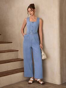 Selenza Women's Casual Everyday Wear & Date Outfit Denim Jumpsuit With Pockets - Blue - View 6
