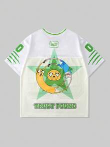 ROMWE MEN Adventure Time X ROMWE Men's Leopard Print Mesh Patchwork Sports Short Sleeve T-Shirt, Athletic Jersey - Green - View 2