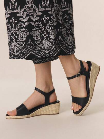 Styleloop Sandalias de cuña con plataforma para mujer, parte superior de tela tejida, tacón envuelto en cuerda, diseño de una sola correa, esencial de estilo vacacional, bohemio chic, festival de música, atuendo de fiesta, estilo retro americano