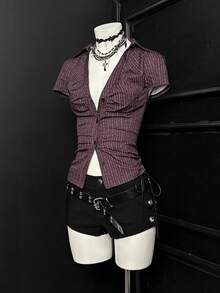 EgrlEra 休闲性感深V领条纹修身衬衫，夏季 - 彩色 - 查看 3