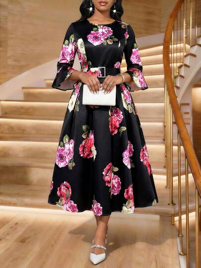 SHEIN Lady 女士优雅浪漫黑色碎花连衣裙，喇叭袖