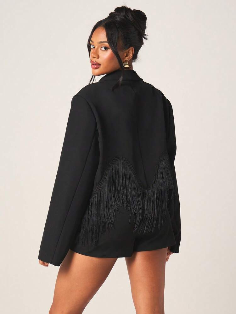 MISSGUIDED Women's Cropped Tassel Hem Fringe Blazer Button Front Lapel Long Sleeve Professional Business Casual Jacket Fall Winter