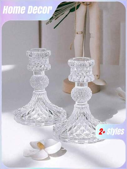1/2Pcs Transparent Diamond Pattern Glass Candlestick Pedestal, Home Decor Centerpiece For Dining Table Living Room Wedding Gift