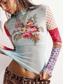 Bohemela 女士印花网纱立领长袖修身时尚衬衫 - 彩色 - 查看 3