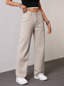 SHEIN EZwear Women's Pocket Button Casual Versatile Daily Wear Wide Leg Jeans - Light Grey - View 5