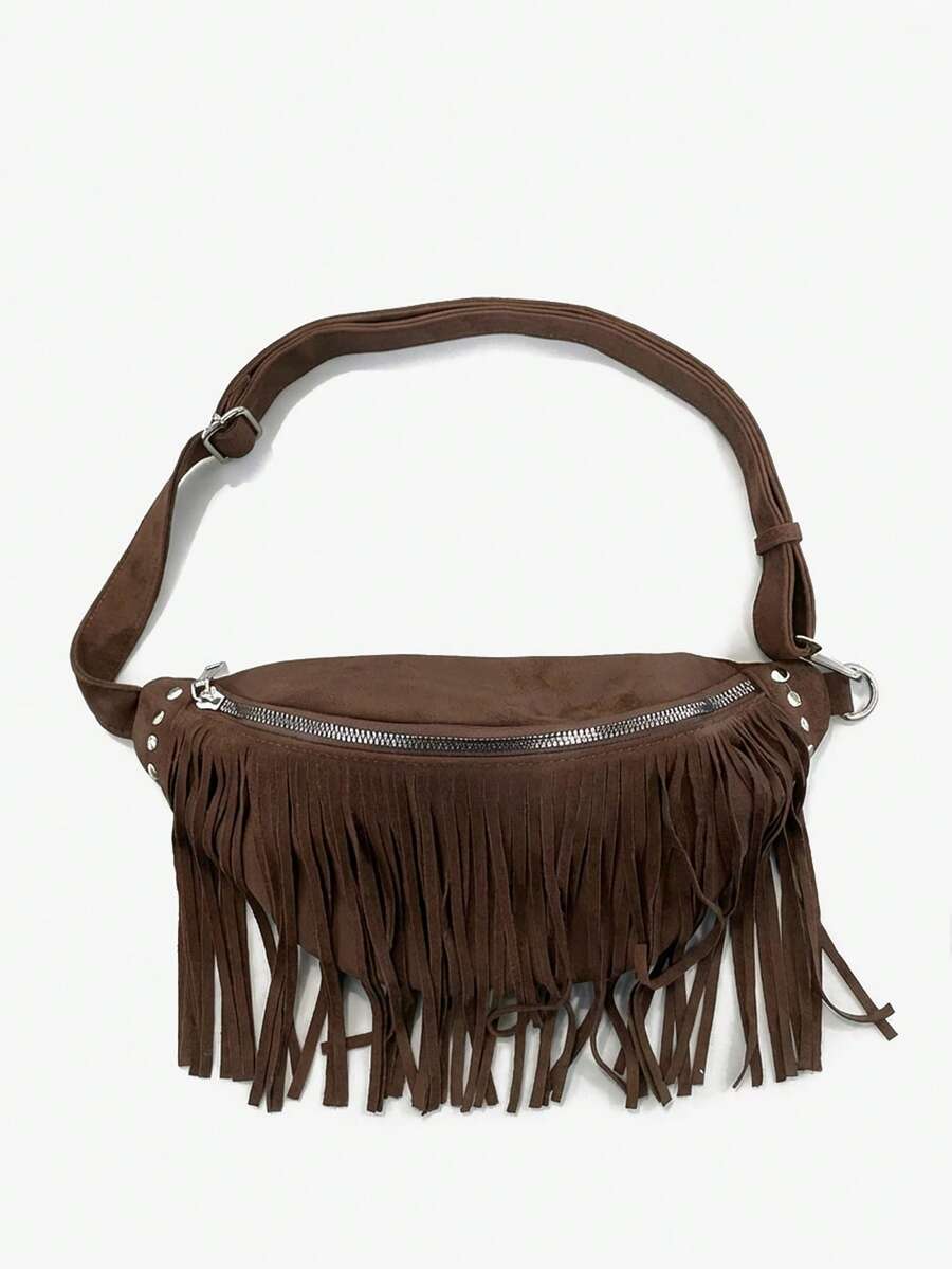 Viva Strut Ladies, Women Retro Tassel Rivets Waist Bag/Chest Bag, Fashionable, Personalized, Simple, Versatile, Street, Sweet And Cool Girls, Hot Girls,Y2k, For Daily, Shopping, Beach, Vacation, Holiday, Summer, Seaside, Beach Party, Music Festival - Coffee Brown - View 1