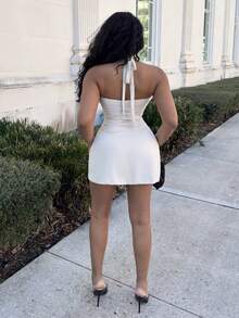 Alexandranx 女士A字型收腰露背连衣裙，女士夏季连衣裙，茶会连衣裙，白色毕业礼服 - 米色 - 查看 2