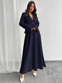 Firerie Women's Solid Color Long Sleeve Single-Breasted Jacket And Midi Skirt Elegant Suit Blazer Skirt Set - Navy Blue - View 4