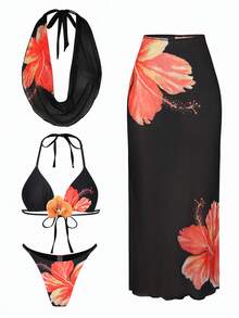 Swim Oasis 夏季性感3D印花配套3D花卉装饰比基尼套装，含防晒纱笼 - 彩色 - 查看 1