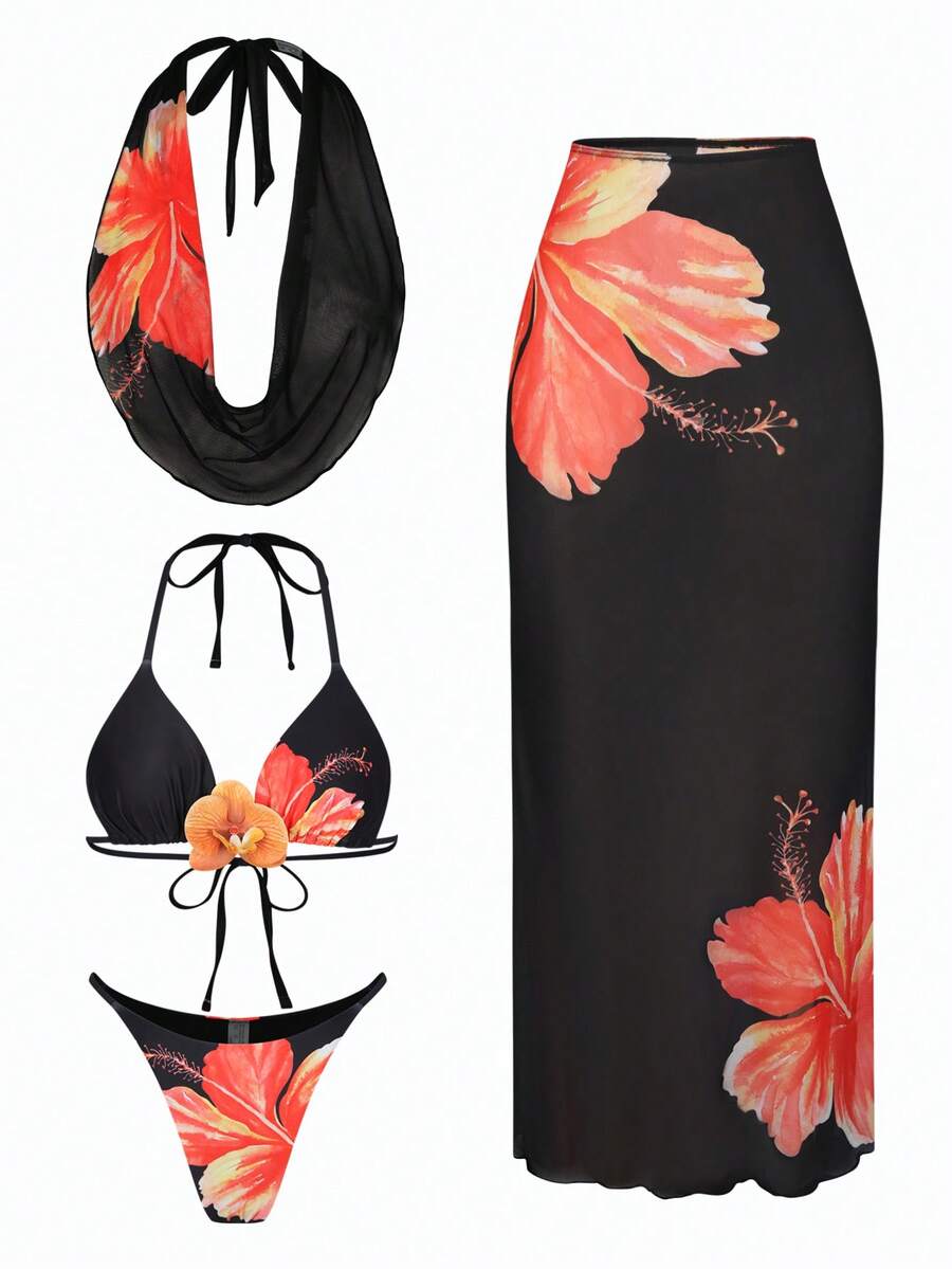 Swim Oasis 夏季性感3D印花配套3D花卉装饰比基尼套装,含防晒纱笼 - 彩色 - 查看 1