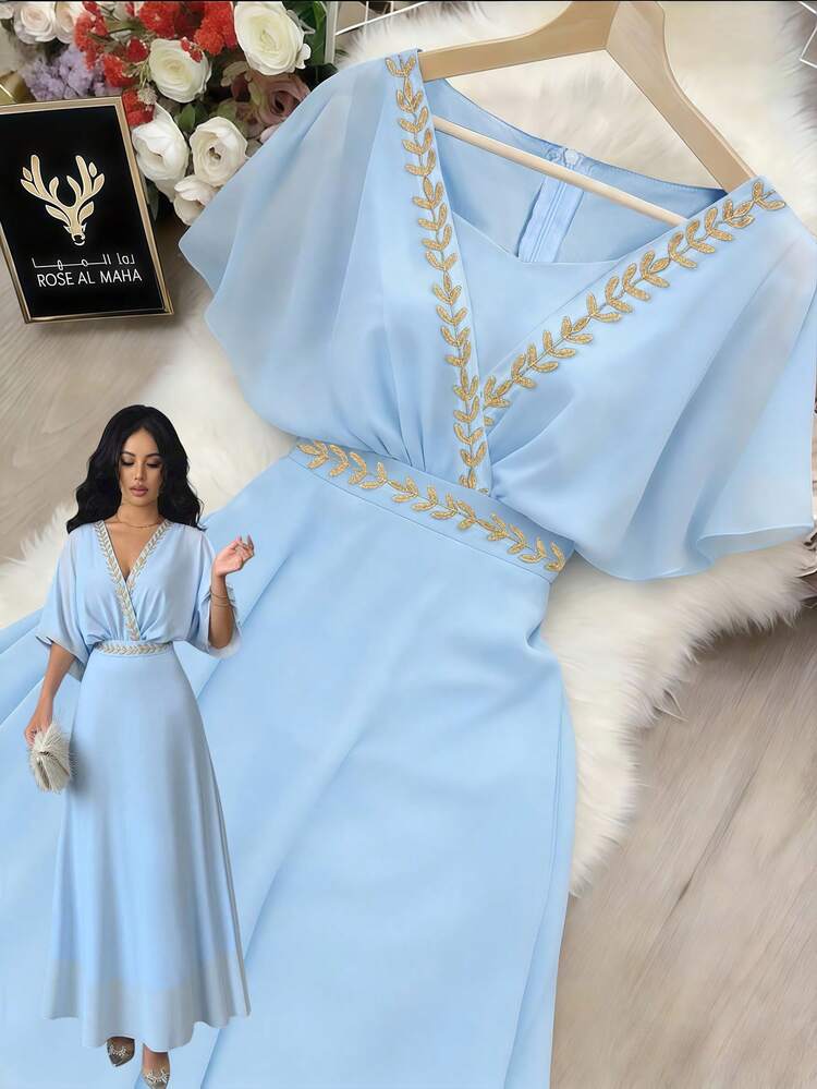 GlowEve Vestido Elegante para Mulheres com Decote em V, Manga Morcego, Cintura Marcada e Bordado Dourado - Azul - Visão 1