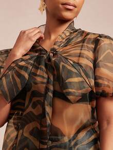 Vixey Animal Print Sheer Organza Puff Short Sleeve Bow Top - Multicolor - View 5