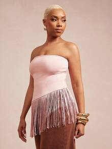 Vixey Brushed Jersey Fringe Hem Strapless Tube Top - Baby Pink - View 4