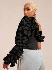 Vixey One Shoulder Layered Ruffle Boho Top - Black - View 5